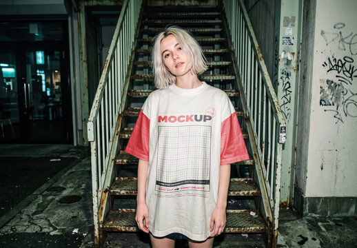 Woman Wearing T-shirt on Underground Urban Place Mockup