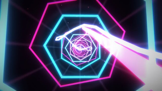 Futuristic neon hexagonal tunnel flying through glowing digital