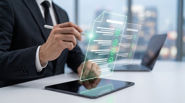 Quality Assurance Inspection Executive Pointing Stylus At Digital Form Hologram For Paperless Business Verification, Corporate Regulatory Compliance And Enterprise Task Approval Operations
