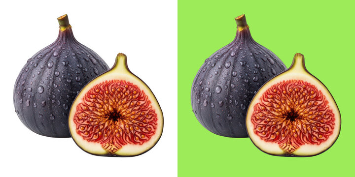 Fresh whole and sliced purple figs with water droplets