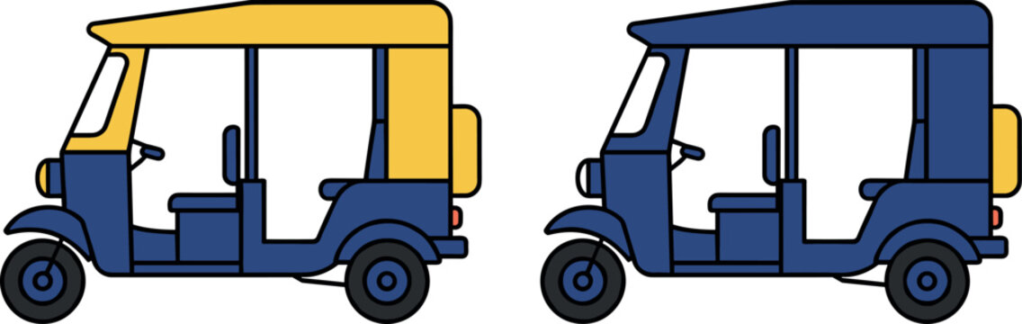Auto rickshaw tuk tuk vector illustration set for urban public transportation and travel design