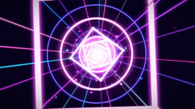 Colorful neon light tunnel with glowing geometric squares and