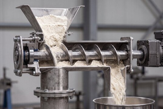 Industrial screw conveyor moves white powder through stainless steel housing in food plant. Material falls from hopper into rotating auger while clean metal surfaces and blurred machinery fill