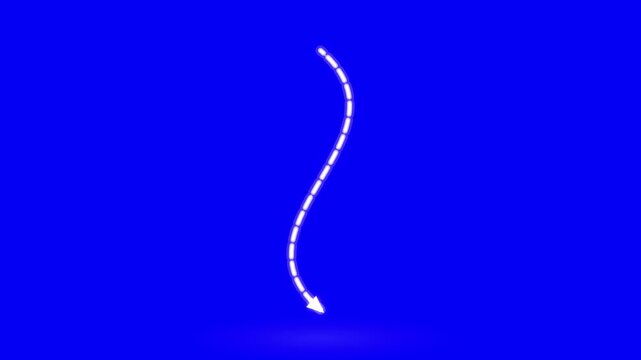 Animated white dashed arrow on blue screen background, curved motion path pointer, hand drawn style directional indicator for video editing