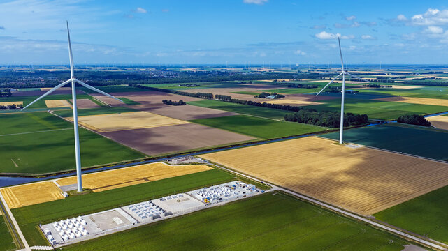 Aerial view of wind turbines and electrical substation in Espel, the Netherlands