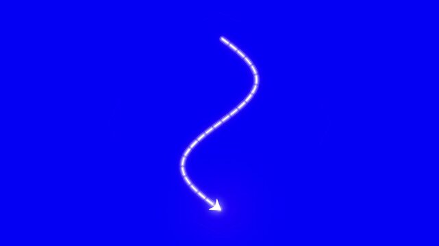 Animated white arrow on blue screen, glowing curved arrow pointer motion graphic, hand drawn style directional line for video editing