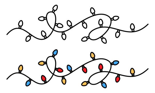 Garland illustration in outline line art style. Hand drawn decorative banner with clean contour lines, presented in black and white and color versions.