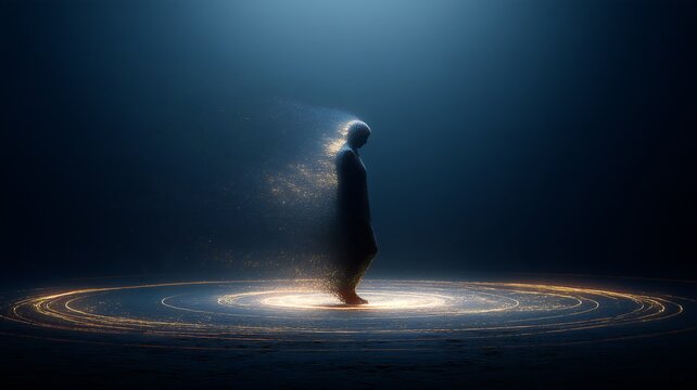 Solitary Contemplative Figure Dissolving into Glowing Golden Dust Within Light Circles