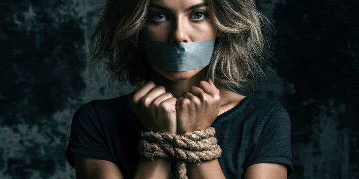 Woman with taped mouth and tied hands in a dark captivity portrait