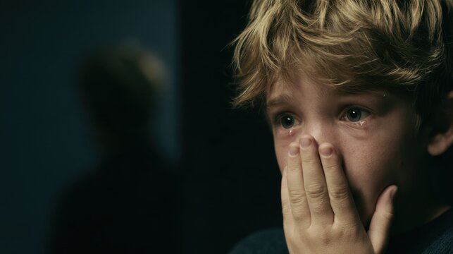 Frightened young boy covering his mouth in a child safety scene
