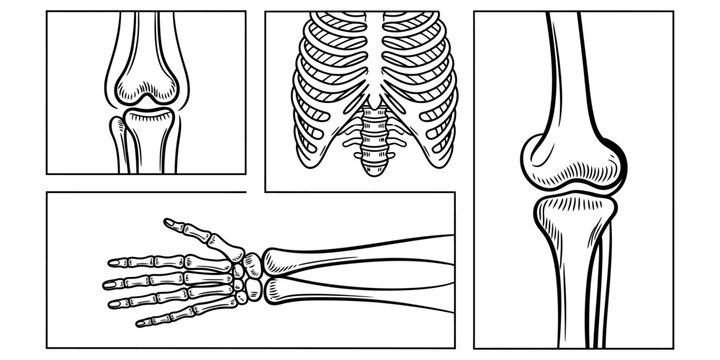 Human skeleton anatomy diagrams black line art collection medical research bones joint study health care scientific graphics.
