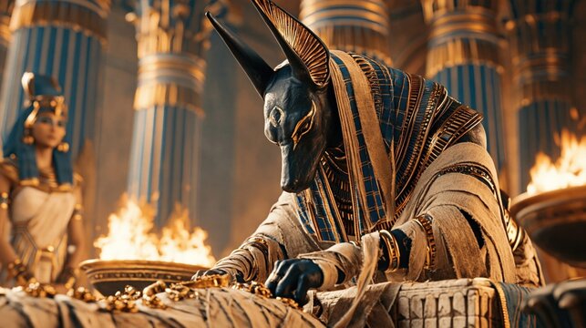 Ancient god anubis presiding over a hoard of riches