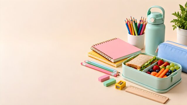 Children's lunch box, water bottle and colorful school supplies arranged in a clean back to school composition. Practical school essentials concept with copy space for education, parenting.