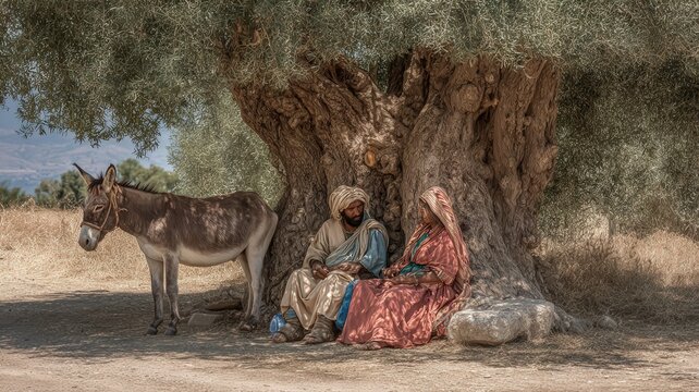 Rural poverty and traditional lifestyle man and woman in historical clothing resting under an ancient olive tree with a donkey in a dry Mediterranean field