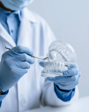 Dentist holding dental mirror and transparent jaw model examining teeth in clinic for stomatology healthcare and oral hygiene advertising campaign