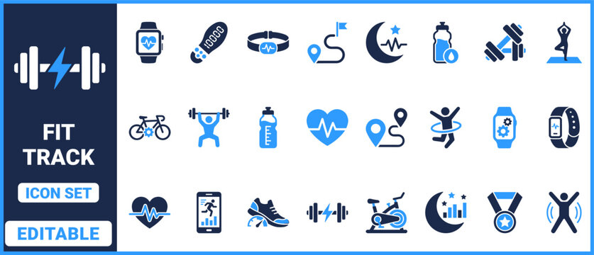 Fitness tracker icon set with smartwatch, dumbbell, heart rate, running shoe, cycling, yoga and workout activity symbols