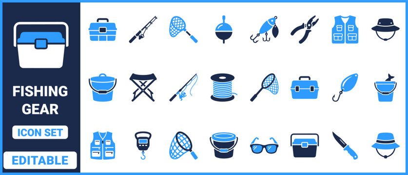 Fishing gear icon set with rod, tackle box, net, bobber, hook, reel, vest, hat and angling equipment symbols