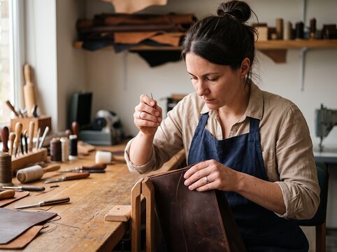 Female Leathercraft Artisan Stitching and Making Handcrafted Leather Bag with Needle and Awl at Wooden Workbench in Authentic Workshop, Traditional Leatherworking Tools, Thread, Awls, Mallet, Natural 