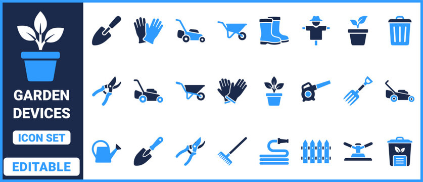 Garden tools icon set with trowel, gloves, lawn mower, wheelbarrow, watering can, pruner, sprinkler and gardening equipment symbols