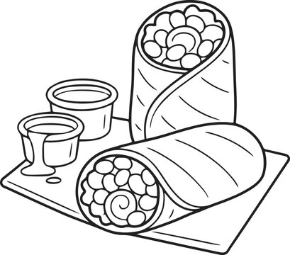 Burritos and dipping sauces vector line illustration