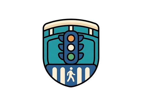 Flat vector road safety icon depicting pedestrian crossing and traffic light
