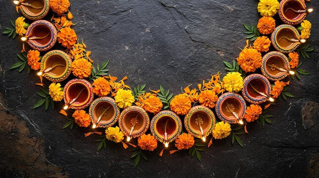 Diwali flat lay with orange marigold garlands and traditional clay oil lamps on dark stone background.