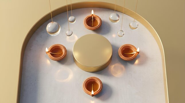 Diwali oil lamps arranged around a golden circular pedestal for festive home decoration.