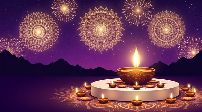 Diwali oil lamps on podium with mandala fireworks over mountain landscape.