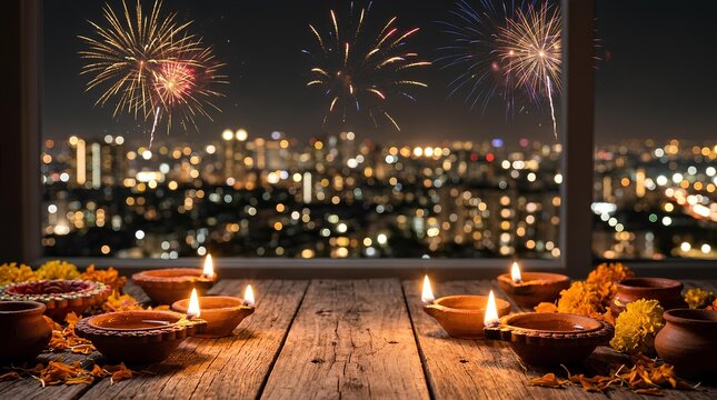 Diyas on a wooden balcony with city fireworks exploding in the night sky.