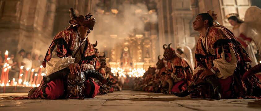 Masked dancers in ornate devil costumes kneel inside a glowing cathedral during a sacred folk festival. Candlelight, incense smoke, and golden altars amplify the spiritual drama of this.