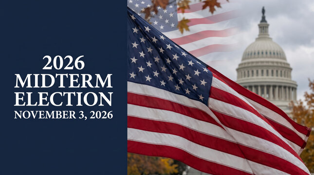 Usa election midterm 2026 November 3 civic banner with American flag and Capitol dome. Us America democracy politic government. campaign vote polling ballot, patriotic citizen choice decision