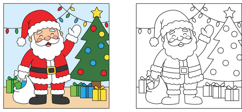 Printable Holiday Activity Page: Cute Santa Claus with Gift Bag and Christmas Tree, featuring side-by-side colored and uncolored line art for kids' coloring.