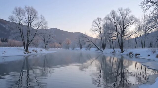 Winter River Flowing Past Frost Covered Trees in Mountains