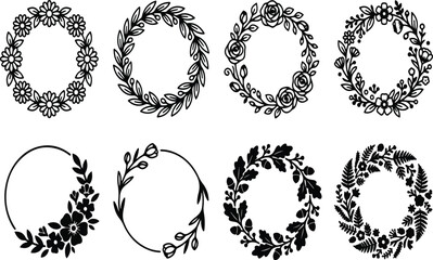 Fototapeta premium Set of 8 Hand-Drawn Botanical Floral Wreaths and Leafy Laurels, Black and White Silhouette and Line Art Circle Frames for Wedding Invitations, Logos, and 2026 Greeting Cards 
