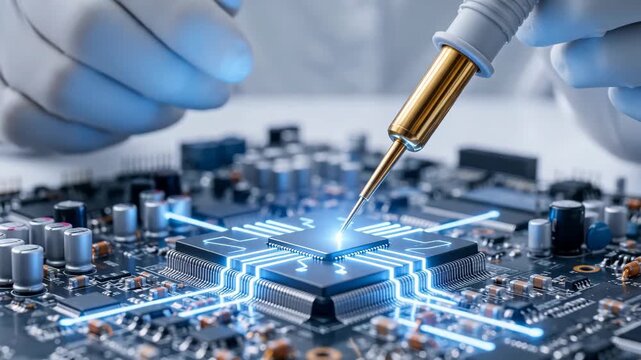 Gloved technician soldering circuit board microchip with glowing trace precision, electronic repair glove and soldering iron, microchip repair