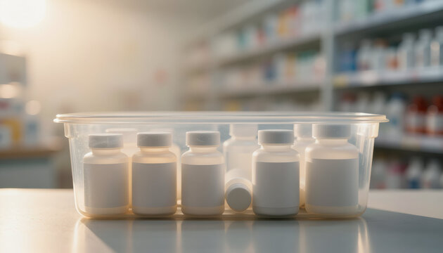 Transparent plastic storage container with subtle pharmacy bottles on table in soft light