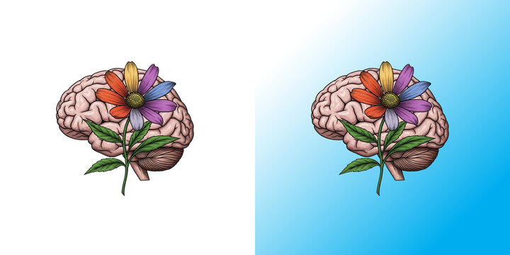 Pixel art human brain with colorful flowers and green leaves isolated on white background