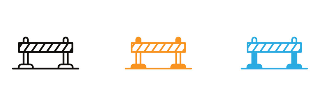 Three color variations of a road barrier or construction blockade icon set