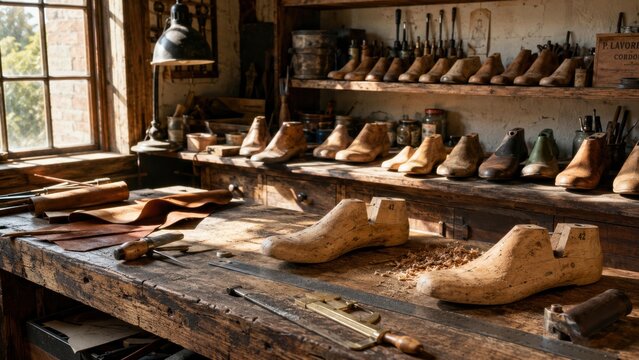 Craftsmen work in a shoe workshop with wooden shoe lasts, tools, and leather materials during daylight hours