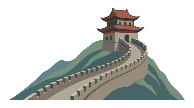 Ancient asian landmark wall and watchtower on green hills vector
