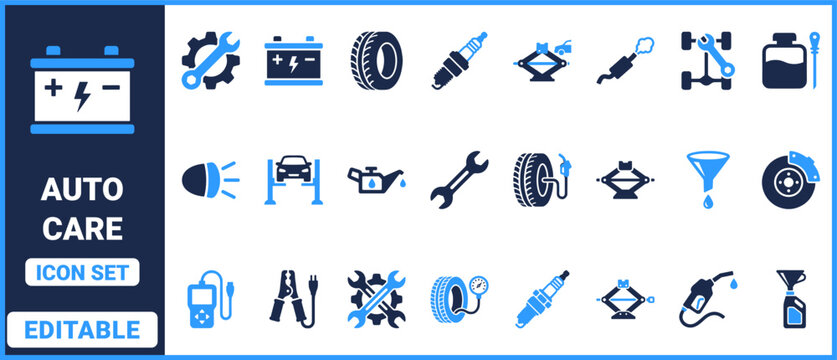 Auto care icon set with car battery, tire, spark plug, jack, brake disc, oil funnel and repair symbols