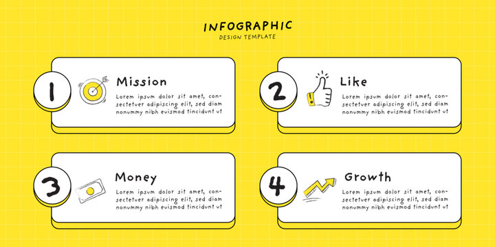 4 steps business infographic design template. Hand drawn doodle icons and white boxes on yellow grid background.