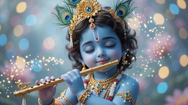 Adorned little Krishna playing ornate flute in a softly lit garden