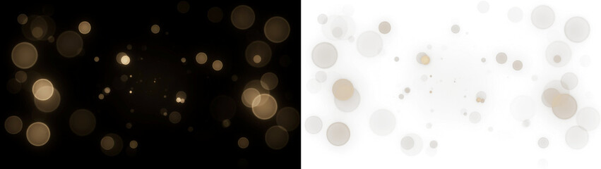 Fototapeta premium Golden bokeh particles isolated on black background, magic dust lights, vector design element isolated on transparent background