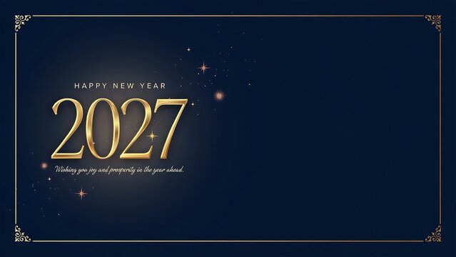 Happy New Year 2027 Elegant Gold Greeting Card Design on Navy Blue Background with Sparkling Stars