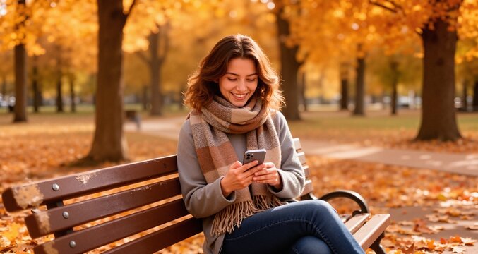 Happy young woman with scarf around neck using smart phone on bench at autumn park
