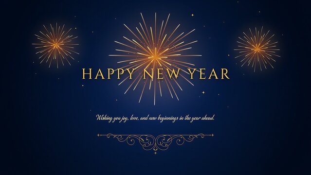 Elegant happy new year greeting with golden fireworks on a dark blue background
