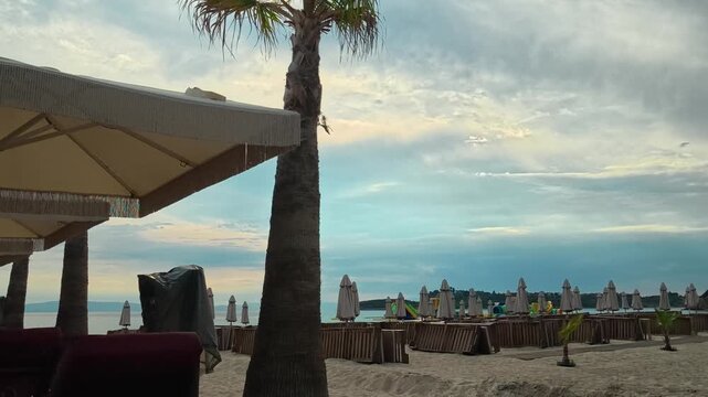 Beachside lounge with palm tree and closed umbrellas. Trani Ammouda, Greece