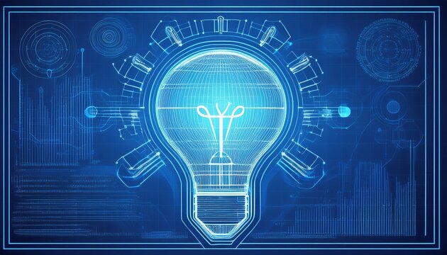 blueprint of bulb lamp concept of design thinking innovation new creative idea business solution inspiration new begining and brainstorming abstract technology background in blue color