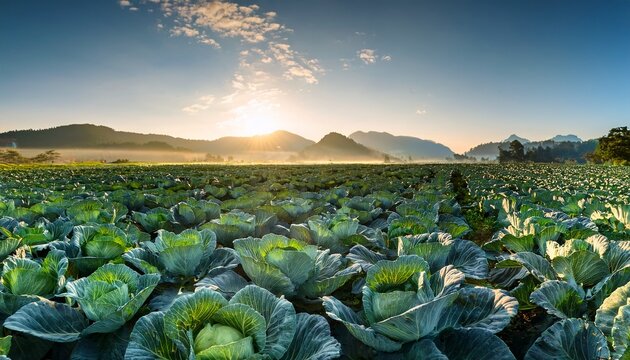 a lush green cabbage field at sunrise in the countryside perfect for organic farming and agriculture concepts